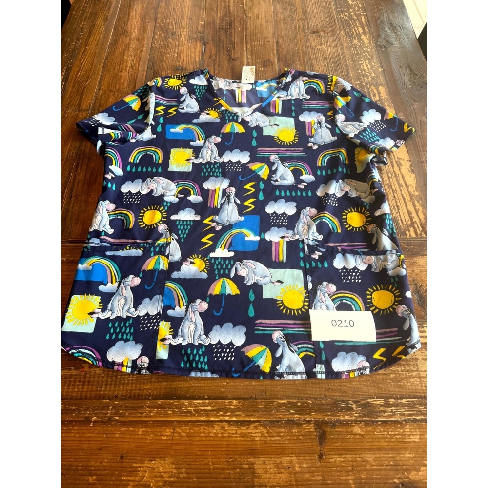Disney Scrubstar Scrub Top Womens XL Multicolor Eeyore Print V Neck Medical